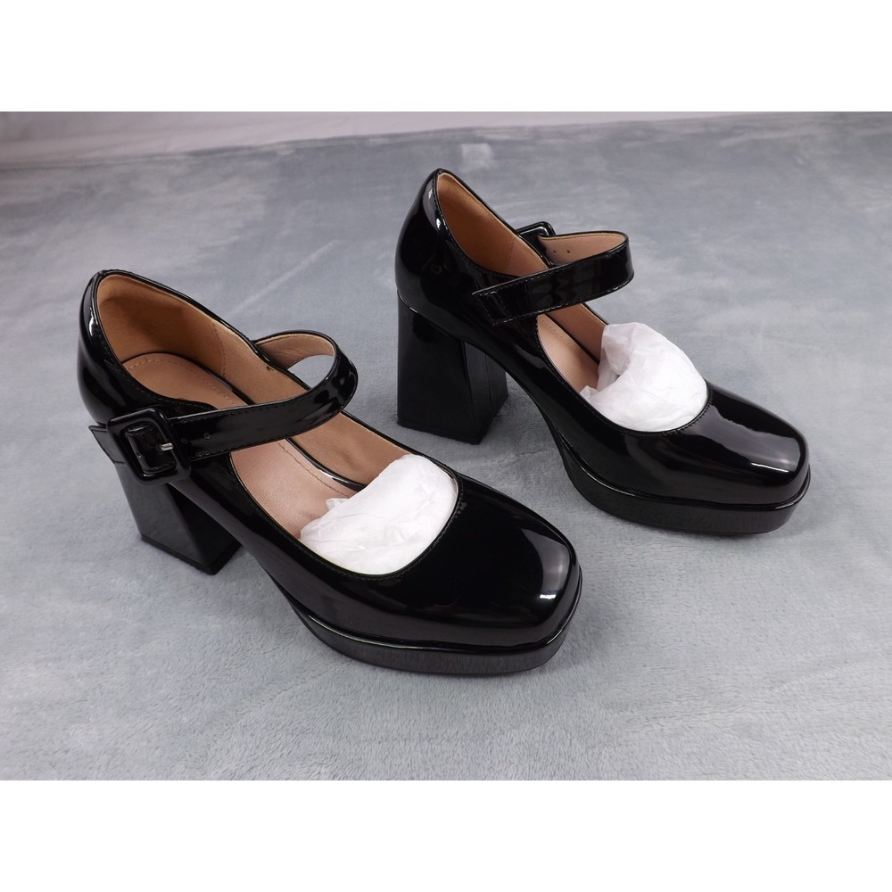 Latasa Mary Janes Women's 5.5 Black Platform Pumps Block Heel Square Toe NWT